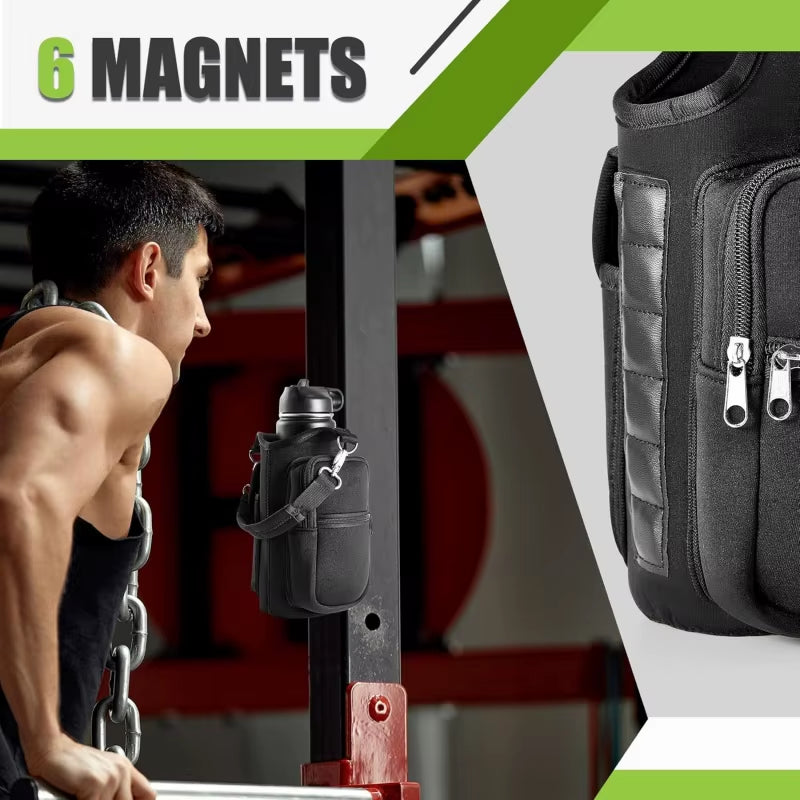 Magnetic Water Bottle Carrier with Phone Pocket & Shoulder Strap - Perfect for Gym Use!